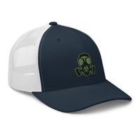 Heather/ Black trucker hat featuring Green Bio Hazard Gas Mask Embroidered Retro embroidered artwork, product image 8
