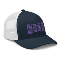 White trucker hat featuring Purple Vertical Stripe Goth embroidered artwork, product image 9