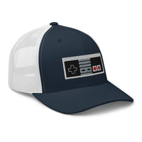 White trucker hat featuring Classic 80's Game Controller Embroidered Retro embroidered artwork, product image 9