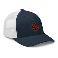 Heather/ Black trucker hat featuring Red Deadly Swirl Spike Symbol embroidered artwork, product image 8