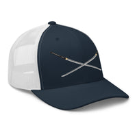 Pink trucker hat featuring Dual Samurai Swords Anime Warrior embroidered artwork, product image 6