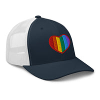 Pink trucker hat featuring Gay Pride Rainbow Colors Heart embroidered artwork, product image 6