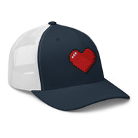 Pink trucker hat featuring Retro 8 Bit Video Game Pixelated Heart embroidered artwork, product image 6