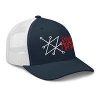 Charcoal/ Black trucker hat featuring Sigil of Azazel Demon Occult Symbol embroidered artwork, product image 5