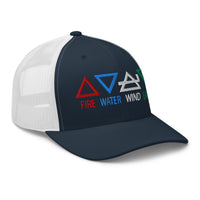 Charcoal/ Black trucker hat featuring Four Elements of Matter: Fire, Water, Wind, Earth embroidered artwork, product image 5