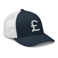 Pink trucker hat featuring British Pound Sterling Money Symbol embroidered artwork, product image 6