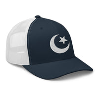 Charcoal/ Black trucker hat featuring Star and Crescent Moon White Ancient Symbol embroidered artwork, product image 5