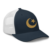 Charcoal/ Black trucker hat featuring Star and Crescent Moon Gold Ancient Symbol embroidered artwork, product image 5