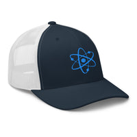 Charcoal/ Black trucker hat featuring Atomic Nucleus Blue Symbol Nuclear Power embroidered artwork, product image 5