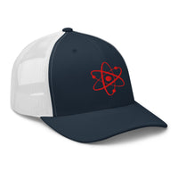 Pink trucker hat featuring Atomic Nucleus Red Symbol Nuclear Power embroidered artwork, product image 6