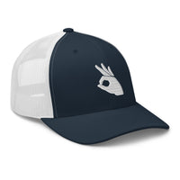 Charcoal/ Black trucker hat featuring Okay Sign Hand Gesture Symbol embroidered artwork, product image 5