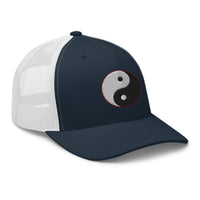 Charcoal/ Black trucker hat featuring Yin and Yang Chinese Symbol embroidered artwork, product image 5