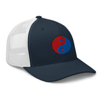 Pink trucker hat featuring Fire Ice Yin Yang Chinese Symbol embroidered artwork, product image 6