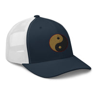 Charcoal/ Black trucker hat featuring Yin Yang Gold Chinese Symbol embroidered artwork, product image 5