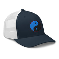 Charcoal/ Black trucker hat featuring Yin Yang Blue Chinese Symbol embroidered artwork, product image 5