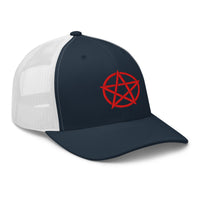 Charcoal/ Black trucker hat featuring Red Witchcraft Woven Pentacle Pagan embroidered artwork, product image 5