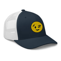 Pink trucker hat featuring Winking Face Emoji Emoticon embroidered artwork, product image 6