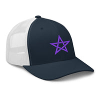 Charcoal/ Black trucker hat featuring Purple Wiccan Woven Pentagram Symbol embroidered artwork, product image 5