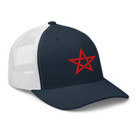 Charcoal/ Black trucker hat featuring Red Wiccan Woven Pentagram Symbol embroidered artwork, product image 5