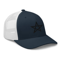 Pink trucker hat featuring Black Wiccan Woven Pentagram Symbol embroidered artwork, product image 6
