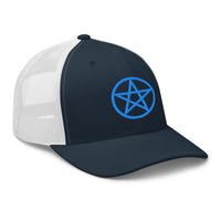 Charcoal/ Black trucker hat featuring Blue Wiccan Witchcraft Pentagram embroidered artwork, product image 5