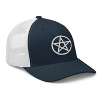 Charcoal/ Black trucker hat featuring White Wiccan Witchcraft Pentagram embroidered artwork, product image 5