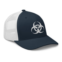Charcoal/ Black trucker hat featuring White Bio Hazard Warning Sign embroidered artwork, product image 5
