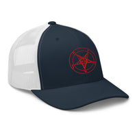 Charcoal/ Black trucker hat featuring Red Sigil of Baphomet Satanic Symbol embroidered artwork, product image 5