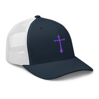 Charcoal/ Black trucker hat featuring Purple Gothic Medeival Cross embroidered artwork, product image 5