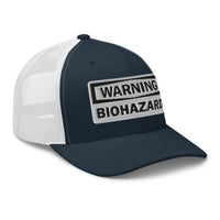 Charcoal/ Black trucker hat featuring White Warning Sign Bio Hazard embroidered artwork, product image 5