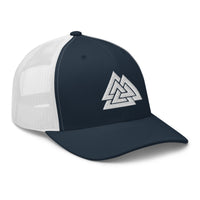Charcoal/ Black trucker hat featuring White Viking The valknut Triangles of Power embroidered artwork, product image 5