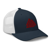 Charcoal/ Black trucker hat featuring Red Viking The valknut Triangles of Power embroidered artwork, product image 5