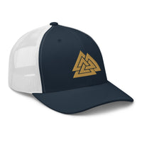 Charcoal/ Black trucker hat featuring Old Gold Viking The valknut Triangles of Power embroidered artwork, product image 5