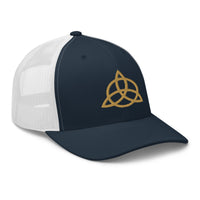 Charcoal/ Black trucker hat featuring Old Gold Trinity Knot Triquetra Symbol embroidered artwork, product image 5