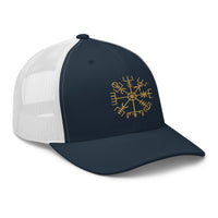 Charcoal/ Black trucker hat featuring Gold Vegvisir Way Finder Compass embroidered artwork, product image 5