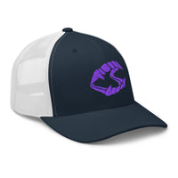 Charcoal/ Black trucker hat featuring Purple Vampire Novelty Fangs embroidered artwork, product image 5
