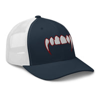 Charcoal/ Black trucker hat featuring Bloody Dracula Vampire Fangs embroidered artwork, product image 5
