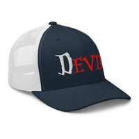 Pink trucker hat featuring The Devil Is Evil embroidered artwork, product image 6