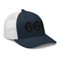Pink trucker hat featuring Black 666 embroidered artwork, product image 6
