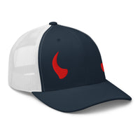 Pink trucker hat featuring Red Devil Horns embroidered artwork, product image 6