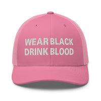 Heather Grey/White trucker hat featuring Wear Black Drink Blood embroidered artwork, product image 8