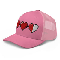 Heather/ Black trucker hat featuring 3 Heart Meter Retro 8 Bit Video Game Pixelated embroidered artwork, product image 7