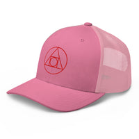 Heather/ Black trucker hat featuring Philosopher's Stone Red Alchemy Symbol embroidered artwork, product image 7