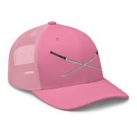 Heather/ Black trucker hat featuring Dual Samurai Swords Anime Warrior embroidered artwork, product image 7