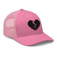 Heather Grey/White trucker hat featuring Black Broken Heart Valentines Day embroidered artwork, product image 8