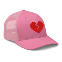 Heather/ Black trucker hat featuring Red Broken Heart Valentine's Day embroidered artwork, product image 7