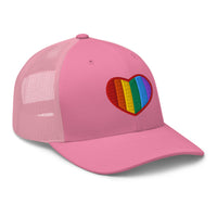 Heather/ Black trucker hat featuring Gay Pride Rainbow Colors Heart embroidered artwork, product image 7