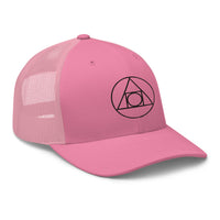 Heather/ Black trucker hat featuring Philosopher's Stone Black Alchemy Symbol embroidered artwork, product image 7