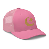 Heather/ Black trucker hat featuring Star and Crescent Moon Gold Ancient Symbol embroidered artwork, product image 7