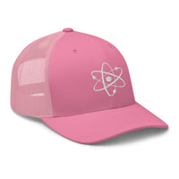 Heather/ Black trucker hat featuring Atomic Nucleus White Symbol Nuclear Power embroidered artwork, product image 7
